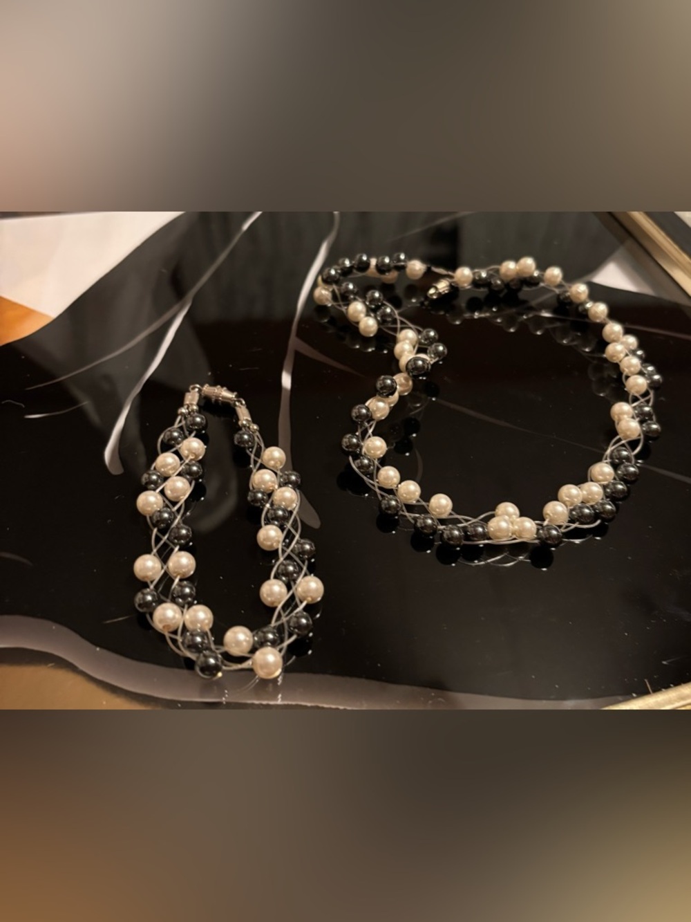 Classic Hematite and Faux Pearl Necklace and Bracelet Set #15